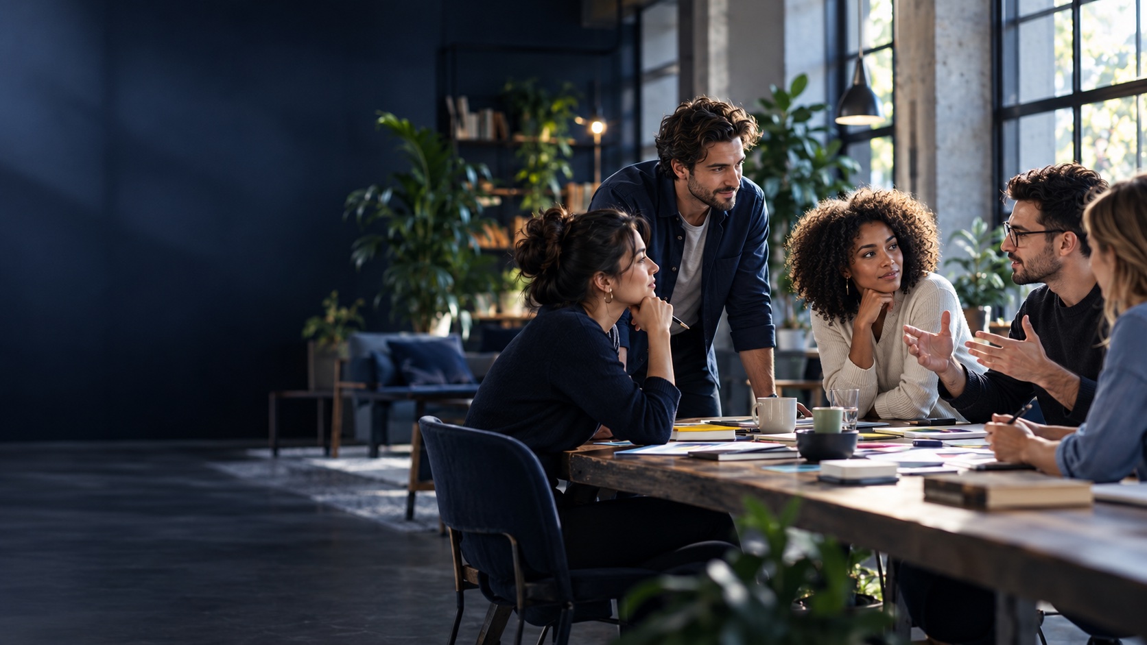 A diverse team collaborating around a table